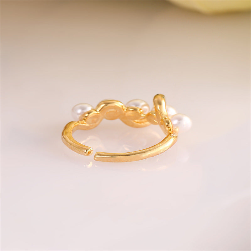 Copper Ring With Pearl Beads Adjustable Opening Geometric Wrap Design Electroplated Finish Jewelry Ring Styles