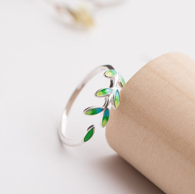 Sterling Silver Green Leaves Open Ring For Women Korean Style Flower Design Gift Jewelry Handcrafted Open Back