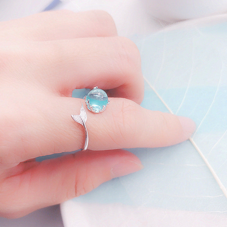 Womens 925 Sterling Silver Ring With Blue Crystal Mermaid Tail Open Adjustable Wedding Band Sparkle Finish Set