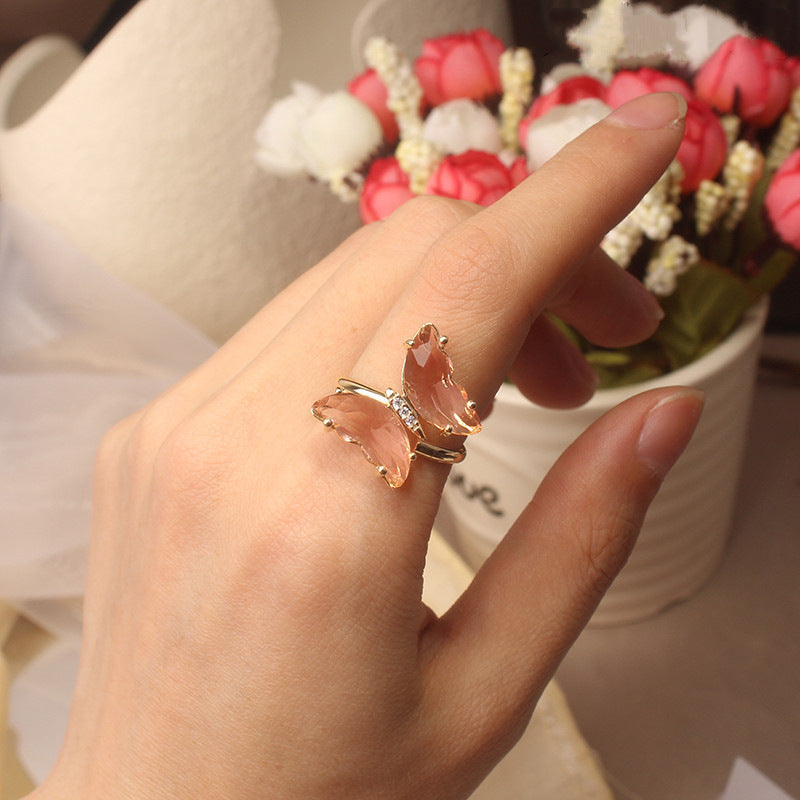 Womens Butterfly Ring Adjustable Crystal Inlay Alloy Insect Jewelry Korean Style Fashion Accessory Ladies Gift