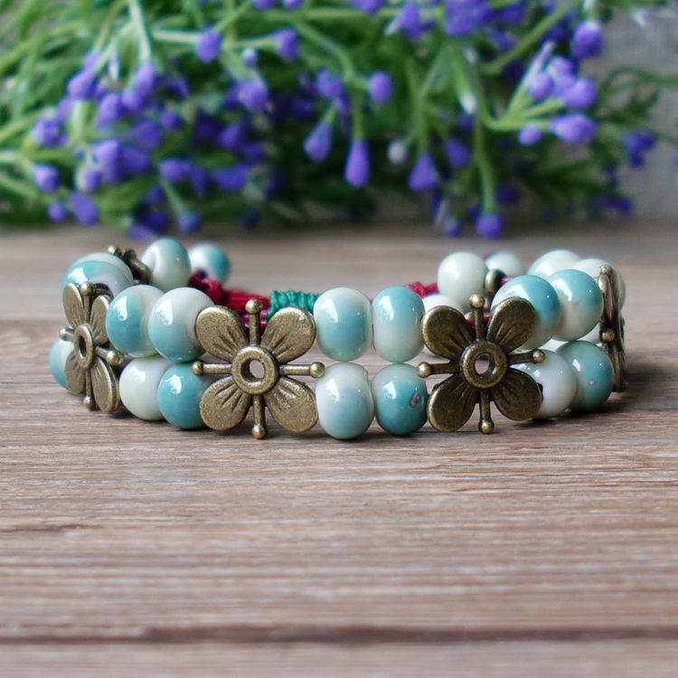 Womens Four Leaf Clover Ceramic Beaded Chain Bracelet Ethnic Style High Temperature Fired Lucky Jewelry Gift Idea