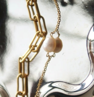 Womens Double Layer Bracelet Pearl Pendant Titanium Steel Gold Tone Durable Elegant Fashion Jewelry Gift Pearl