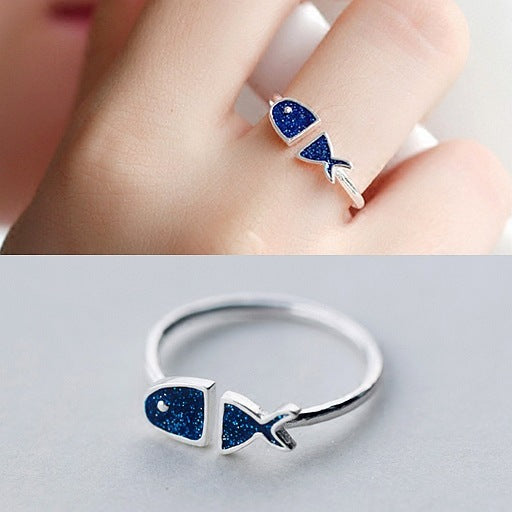 Open Adjustable Sterling Silver Little Fish Ring With Azure Drip Oil Zodiac Charm S925 Metal Jewelry For Yours
