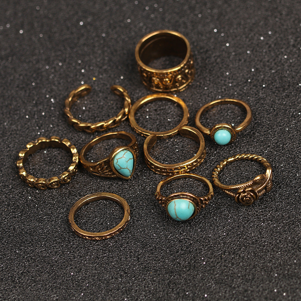 Vintage Turquoise Totem Flower Ring Ten Piece Joint Set
