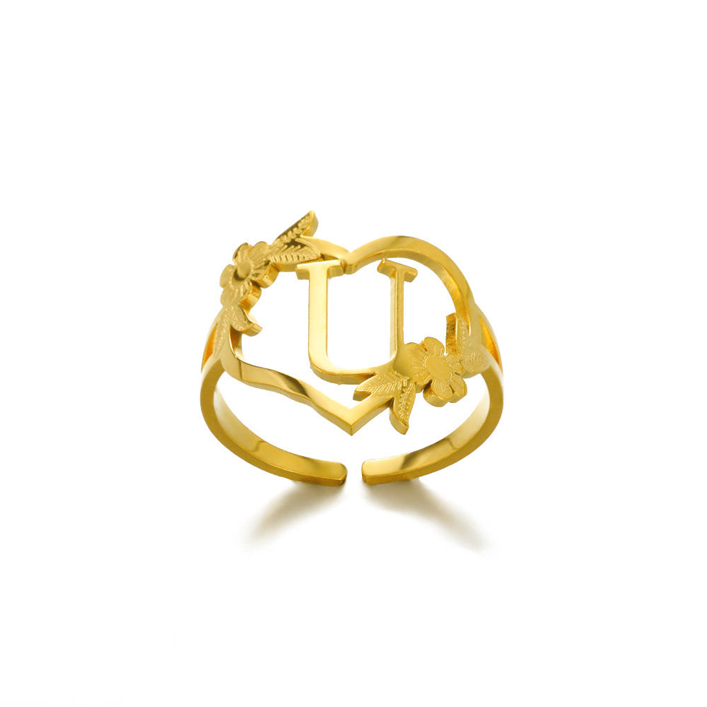 Heart Shaped Initial Rings Women Adjustable Stainless Steel Letters Ring Unisex European Design Letters Numbers