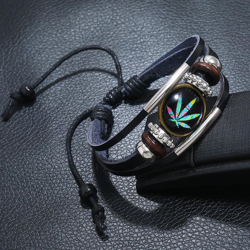 Unisex Geometric Beaded Braided Leather Bracelet Gift