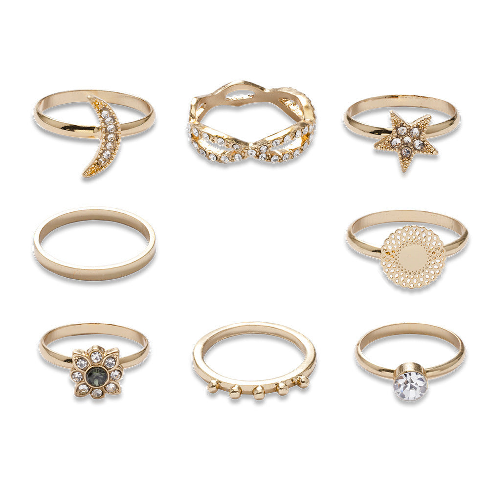 Womens Fashion Ring Star Sky Diamond Moon Design Alloy Electroplated Inlay Artificial Gemstones European Style