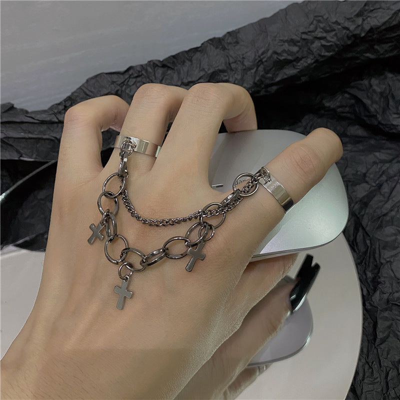 Womens Alloy Cross Ring Set Punk Hip Hop Chain Accessory