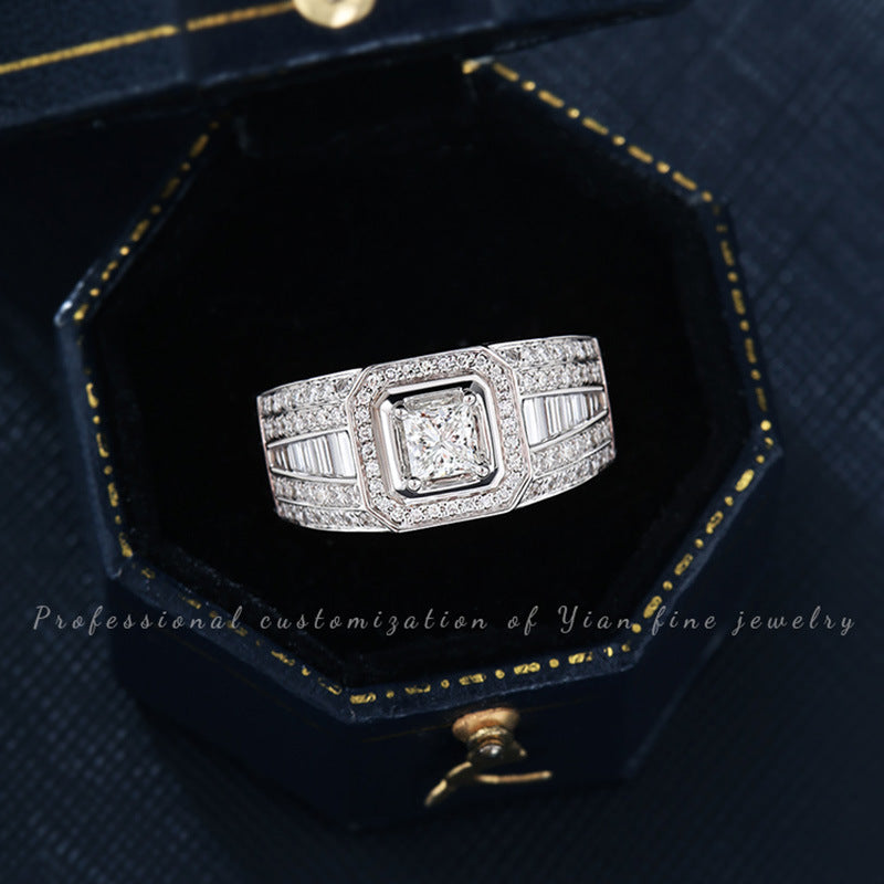 Mens 18K Gold Plated Zircon Ring Adjustable Open Square Princess Stone Jewelry Fashion Statement for Men Daily