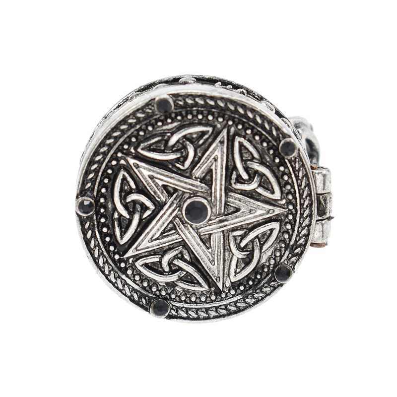 Alloy Metal Ring With Black Gemstone Accent Ancient Silver Finish Five Star Treasure Box Ring For Women And Girls