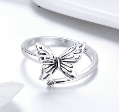 Sterling Silver Butterfly Ring For Women Adjustable Engagement Jewelry 925 Zircon Vintage Design Fine Crafting
