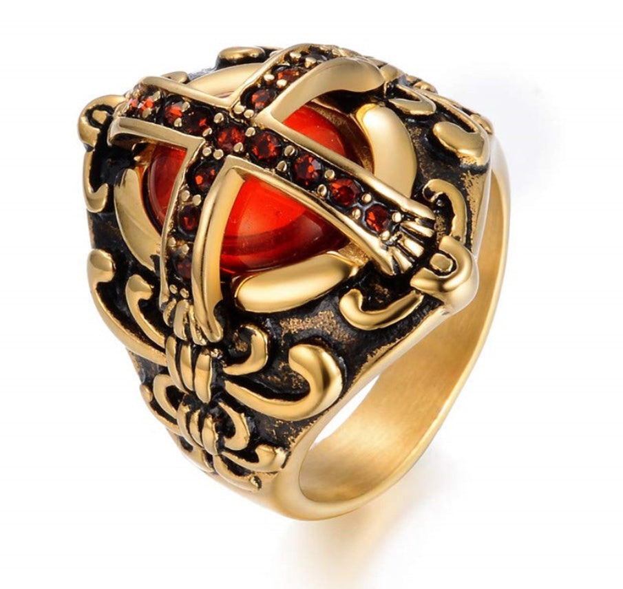 Vintage Stainless Steel Cross Ring With Red Diamond Geometrical Design Mens Ring Wide Band Jewelry Gold Accent
