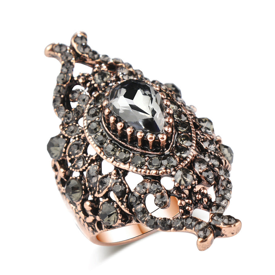 Womens Retro Geometric Alloy Ring Black Plated Fashion Statement Jewelry For Her Elegant Vintage Inspired Accessory