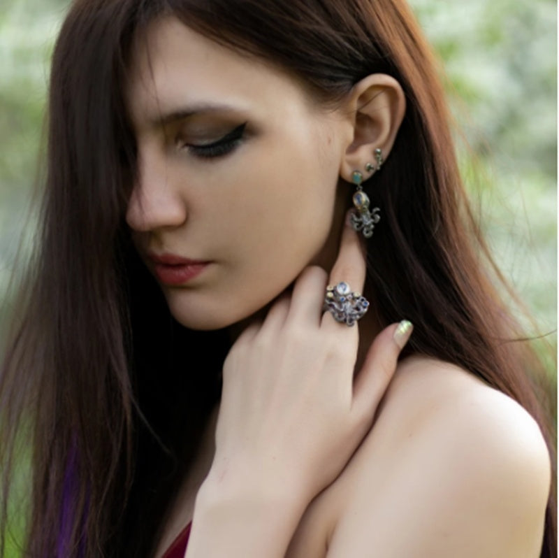 Octopus Ring Marine Life Jewelry Inlaid Gems Copper Silver