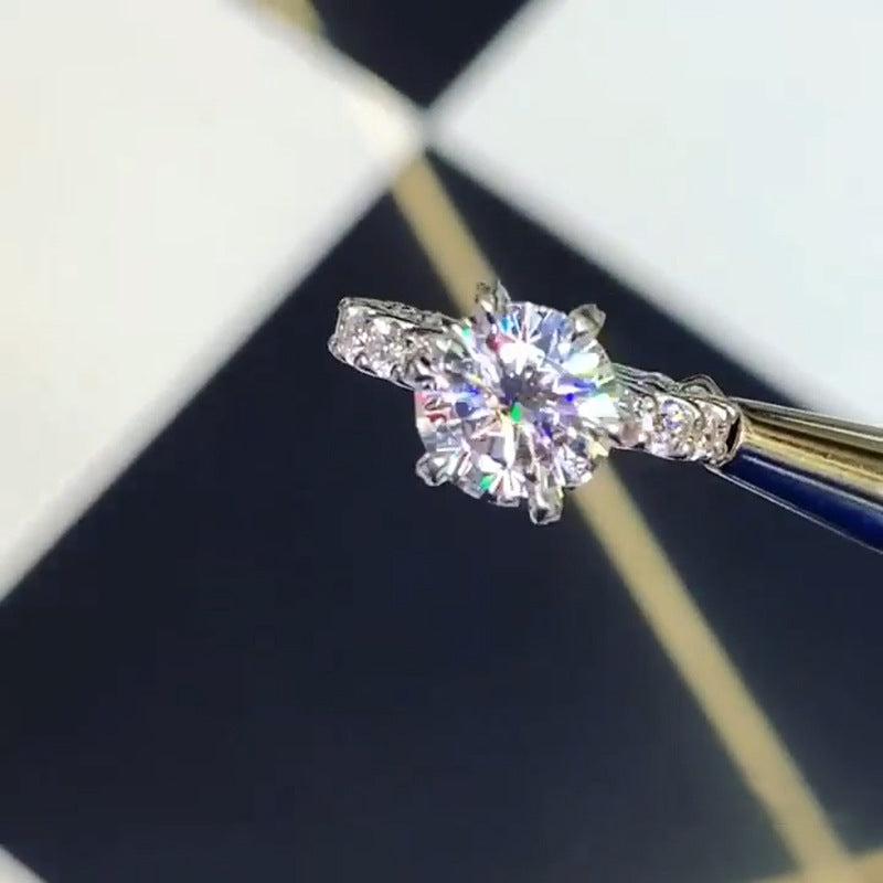 White Gold Plated Zircon Six Prong Ring With Geometric Setting And Sparkling Inlaid Stones Copper Metal Design