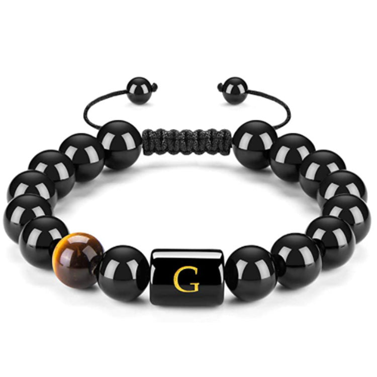 Mens Natural Black Agate 10mm Beads Handmade Initial Letter Bracelet Personalized Gift for Men Letter A Shape Letter