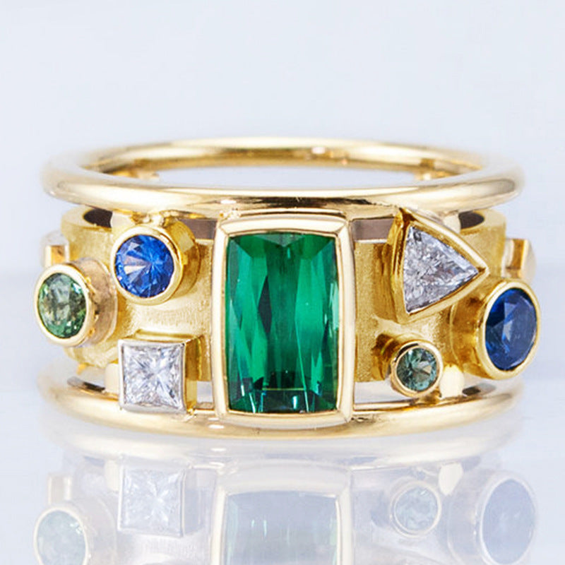 Womens Gold Inlaid Green Zircon Ring Geometry Design Copper Ring Inlaid Jewelry Gift Holiday Style For Women Gift