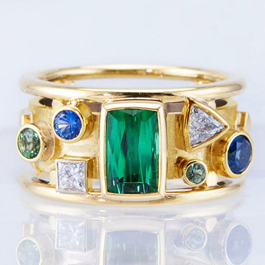 Womens Gold Inlaid Green Zircon Ring Geometry Design Copper Ring Inlaid Jewelry Gift Holiday Style For Women Gift