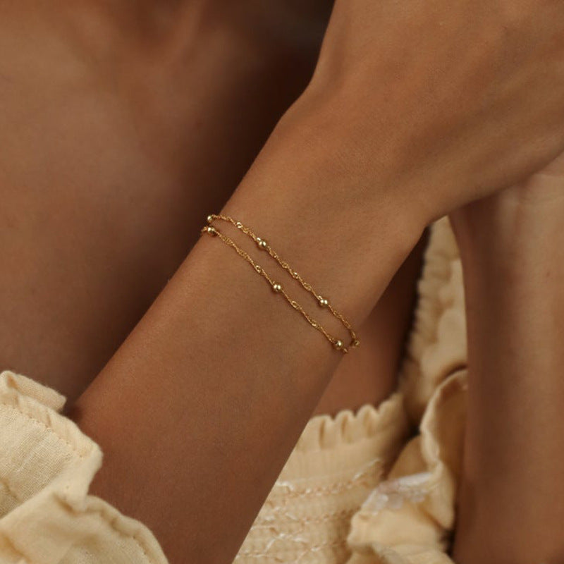 Womens Ripple Bead Chain Bracelet Gold Alloy Double Layer