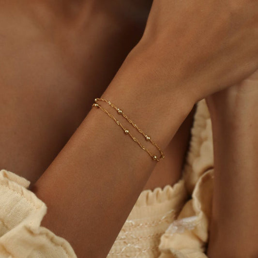 Womens Ripple Bead Chain Bracelet Gold Alloy Double Layer