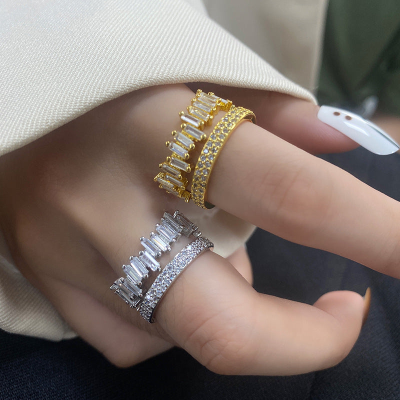 Women Double Ring Zircon Studded Irregular Rectangular Geometrical Silver Plated Fashion Jewelry Everyday Wear