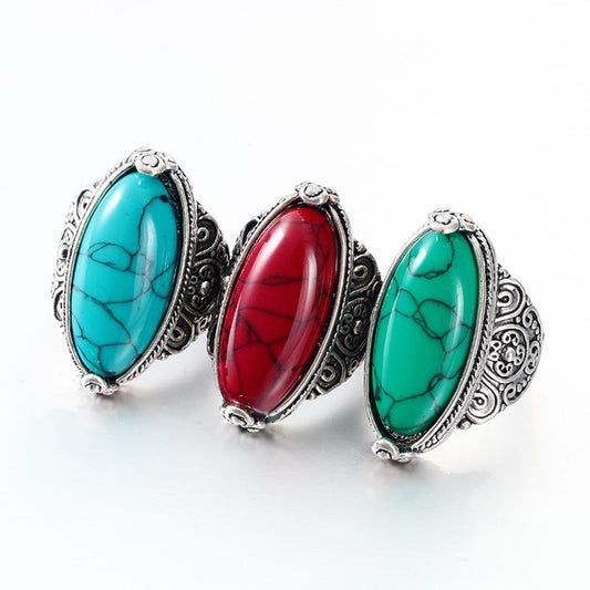 Womens Alloy Turquoise Ring With Gemstone Inlay Retro Carved Fashion Ring Electroplated Individually Packed Securely