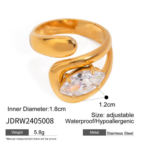 Unisex 18K Gold Plated Stainless Steel Ring With Zircon Open End Geometric Line Design Electroplated Jewelry XL