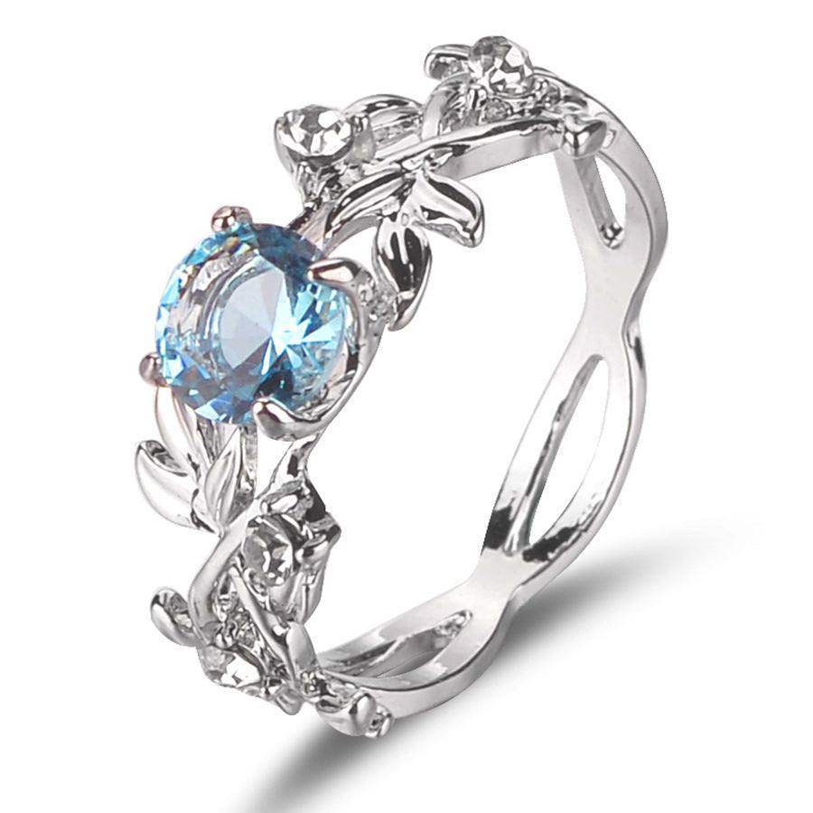 Womens Leaf Ring With Gemstones Inlaid And Diamond Detailing Sea Blue Alloy Jewelry For Her Souvenir Accessory