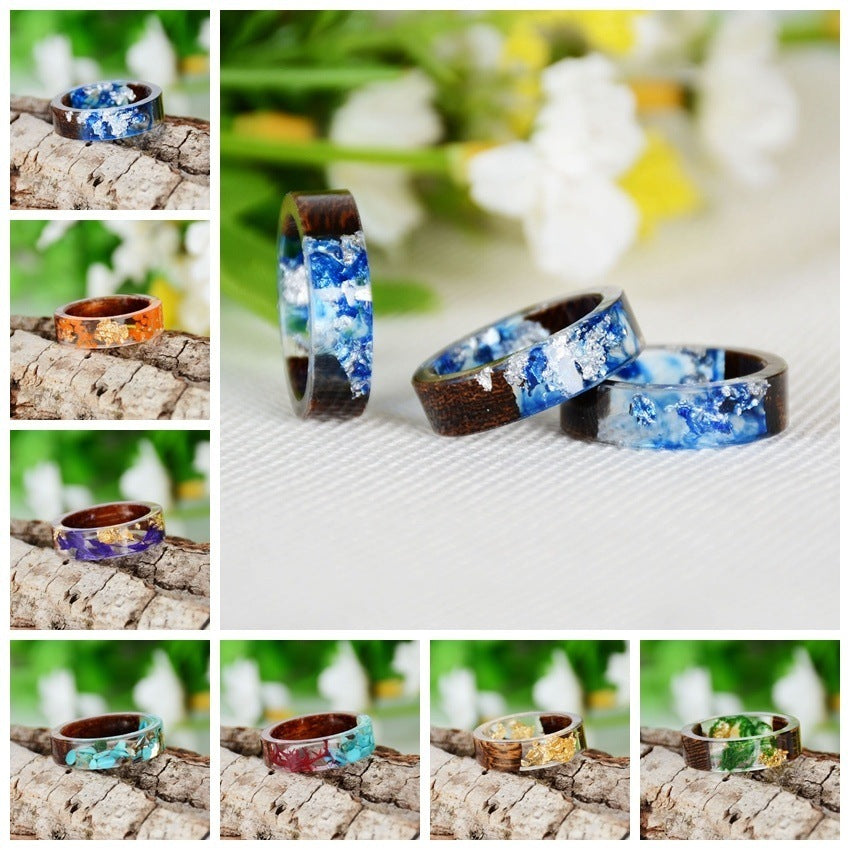 Womens Handmade Flower Resin Wood Ring Inside Gold And Silver Paper Unique Romantic Wedding Party Gift Jewelry