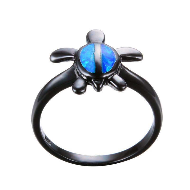 Unisex Black Gold Big Tortoise Oval Ring with Blue Zircon Gemstone Star Inspired Electroplated Copper Fashion Ring Birthday Gift Costume Jewelry
