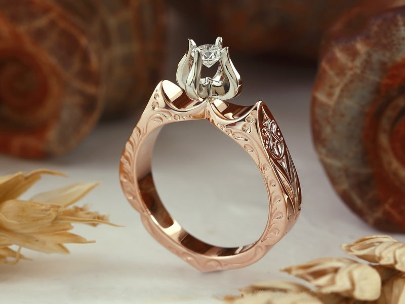 New Creative Lotus Color Simulation Diamond Ring European American Lotus Flower Flame Engagement Copper Style Geometry