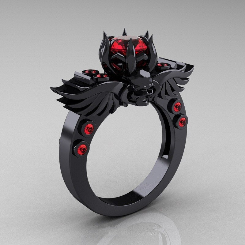 Gothic Skull Ring With Ruby Gemstones Sterling Silver Copper Jewelry For Women Statement Fashion Accessory Wedding