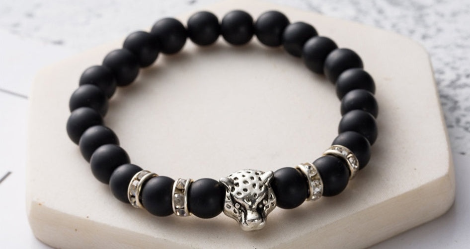 Mens Natural Stone Lava Rock Bead Bracelet Leopard Head Pendant Charm Handmade Jewelry Anniversary Engagement Gift