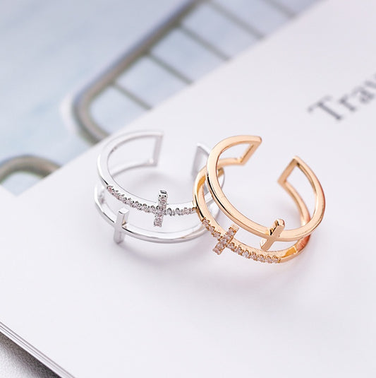 Womens Adjustable Copper Double Cross Ring Micro Set Geometric Fashion Jewelry Trendy Finger Ring Korean Style