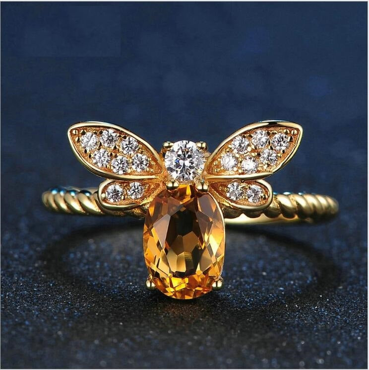 Citrine Bee Ring 925 Sterling Silver Adjustable Jewelry Nature Inspired Beast Theme for Women Gemstone Jewelry