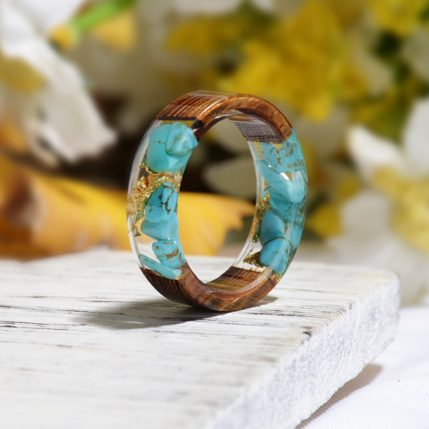 Womens Handmade Flower Resin Wood Ring Inside Gold And Silver Paper Unique Romantic Wedding Party Gift Jewelry