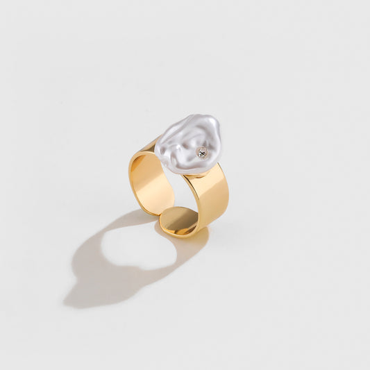 Copper Plated Gold Baroque Pearl Diamond Studded Ring For Women Open Mouth Geometric Style Jewelry Gift Jewels
