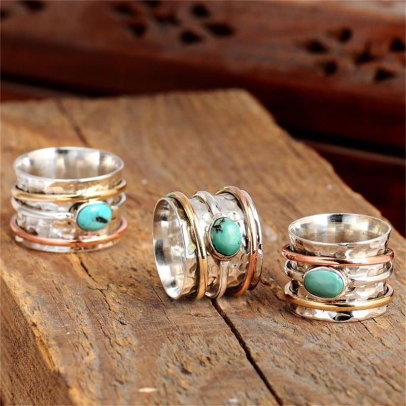 Turquoise Plated Insect Ring Alloy With Three Color Artificial Gemstones Electroplated Finish Womens Jewelry Gift