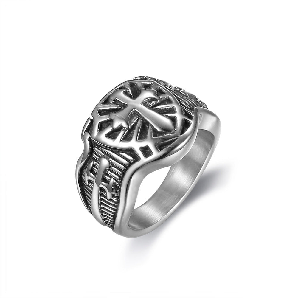 Mens Templar Cross Ring Titanium Steel Band Smear Finish Stainless Steel Jewelry Anchor Series Retro Black Edition