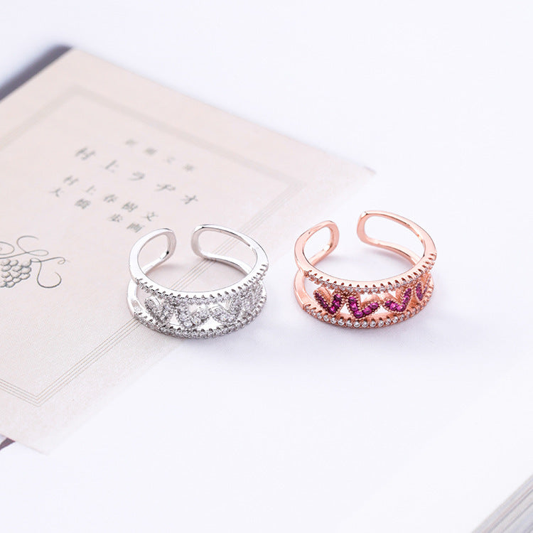 Rose Red Diamond Hollow Love Opening Ring Wide Version With Heart Shaped Design Micro Inlaid Zircon Jewelry For Women