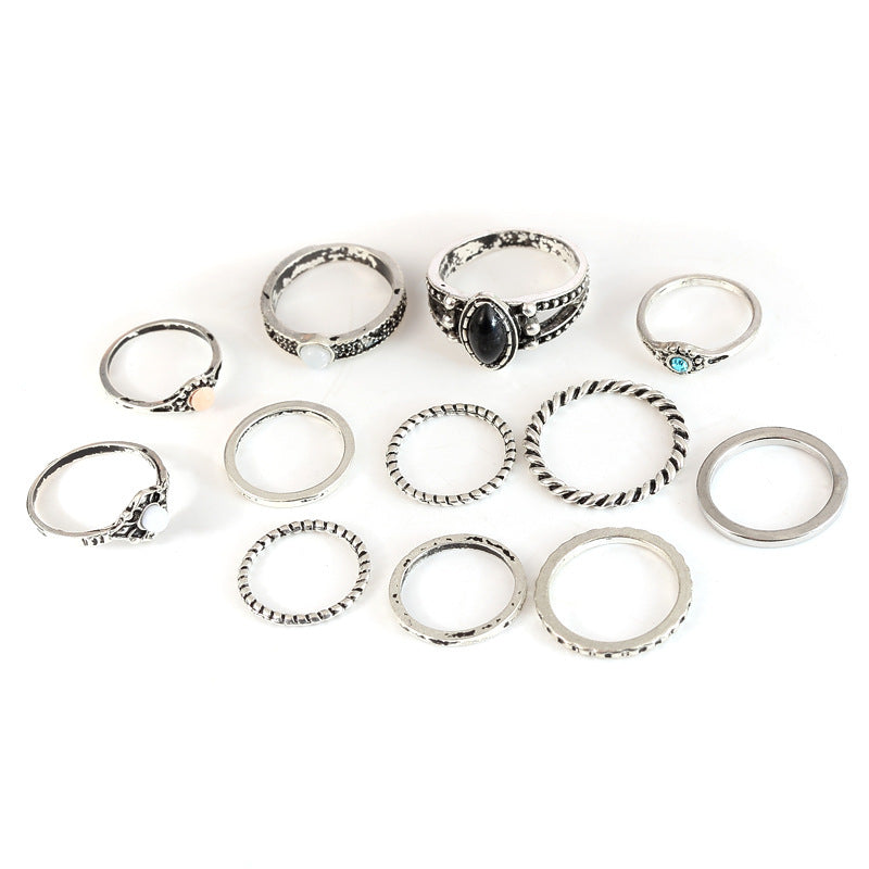 Geometric Alloy Ring Set 12 Pieces Turquoise Twist Lines Electroplated Finish Fashion Jewelry Geometric Design