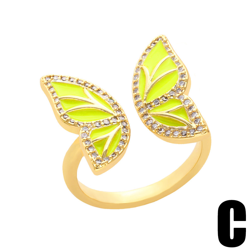 Women's Butterfly Ring Copper Adjustable Zircon Oil Drop Jewelry Elegant Fashion Accessory with Sparkling Zircon