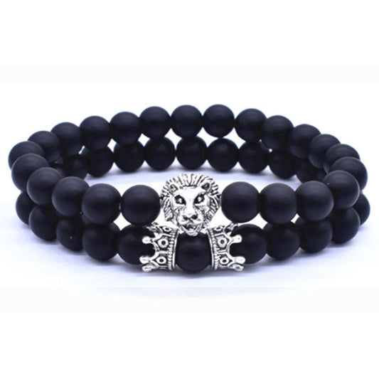 Lion Head Bracelet Crown Charm Alloy Bracelet For Men And Women Natural Stone Accents Adjustable Length 19cm Cord