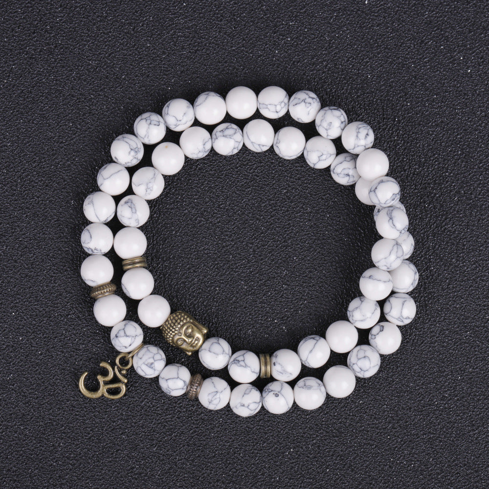 Unisex Volcanic Stone Double Row Bracelet Bronze Buddha Head Agate Geometric Totem Jewelry Religious Symbolic Accessory