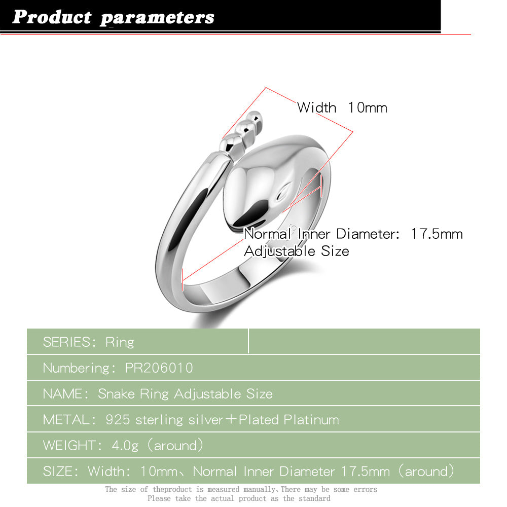 Silver Plated Open Snake Ring Adjustable Copper Jewelry Women Elegant Fashion Accessory Gift Handmade Daily Wear