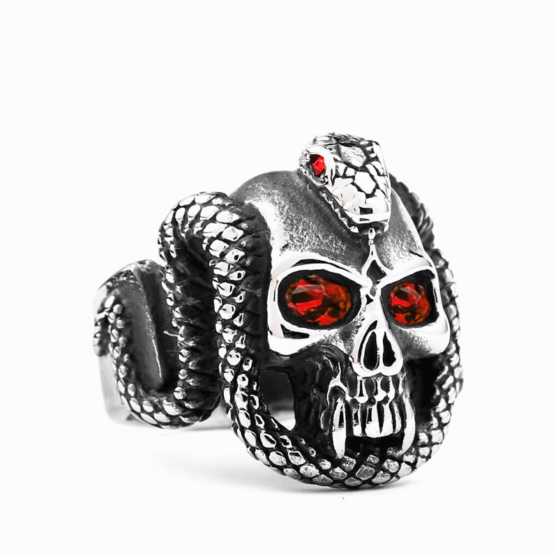Men's Stainless Steel Skull Ring Demon Eyes Vampire Snake Design Diamond Accent Gothic Biker Statement Jewelry
