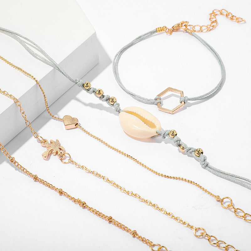 Womens Geometric Shell Love Design Alloy Bracelet Set Bangle Jewelry Five Piece For Girls Elegant Everyday Wear