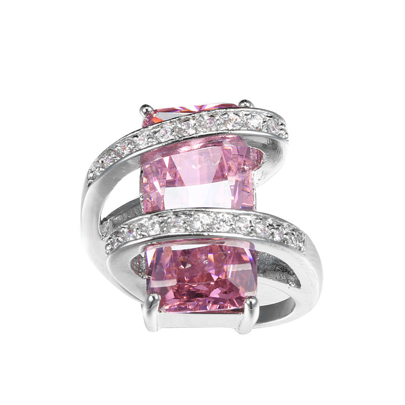 Extra Large Rectangular Zircon Ring Alloy Silver Plated European American Fashion Inlay Gem Ring For Couples Trendy