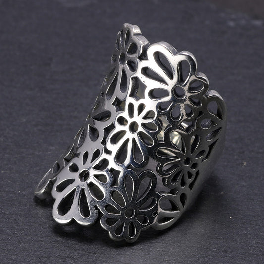 Womens Vintage Hollow Carved Alloy Ring Intricate Floral Design Statement Fashion Ring Girls Ring Alloy Floral