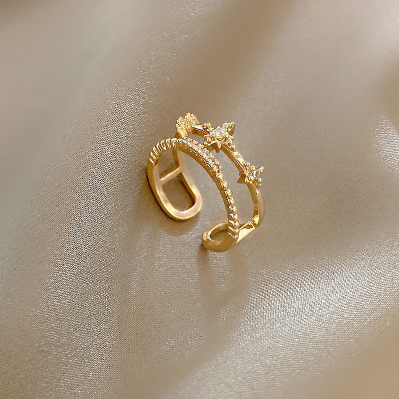 Copper Ring With Star Design And Zircon Inlay Double Layer Geometric Ring Korean Fashion Jewelry Gifts For Her